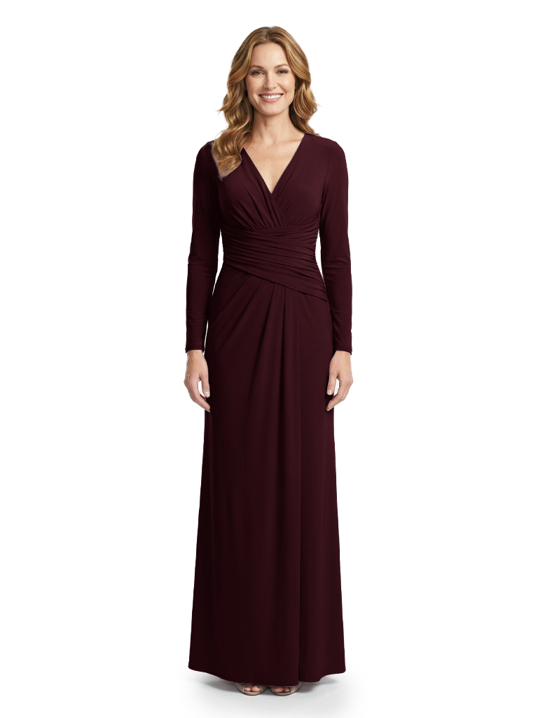 Mother of The Bride Dress Long Sleeve V-Neck Ruched Maxi Pretty Timeless Formal Wedding Guest Gown