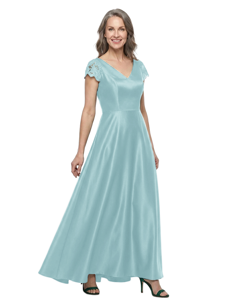 ChicSew V-Neck Short Sleeve Lace Applique Satin Floor Length A-Line Mother of the Bride Dress
