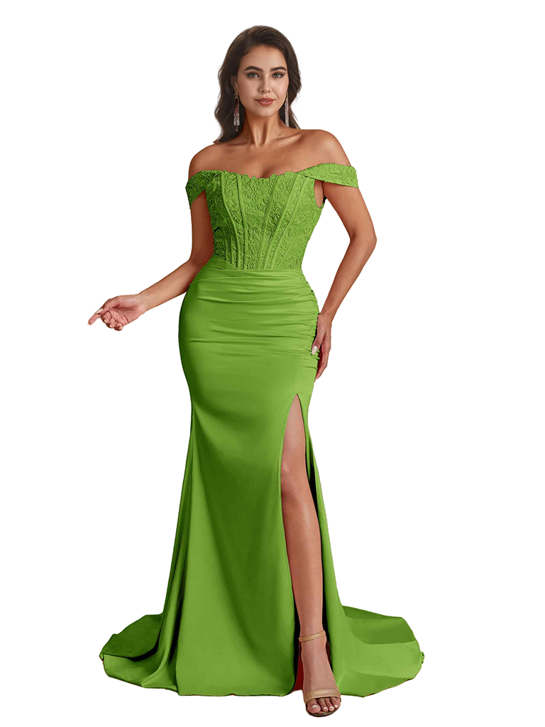 Sexy Off The Shoulder Satin Lace Top Trendy Mermaid Bridesmaid Dresses Online