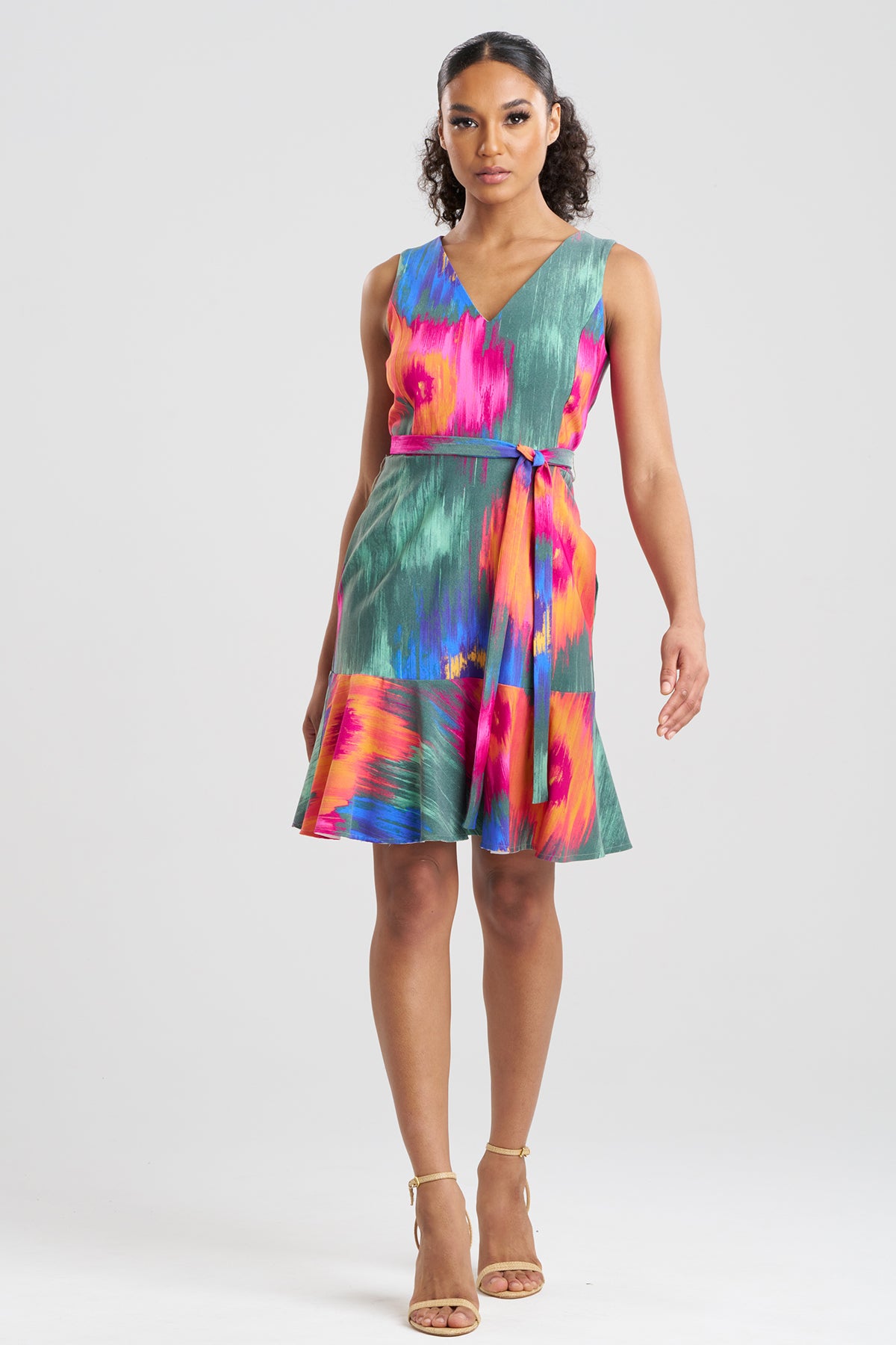 Multi Floral Belted Ruffle Dress