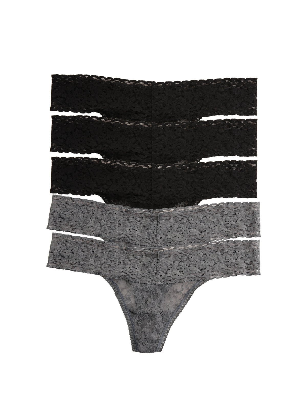 Signature Stretch Lace Low Rise Thong -Pack, Black Charcoal SM