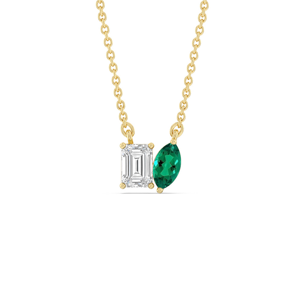 Toi et Moi Created Emerald Marquise and Emerald Shape Diamond Necklace - KT Yellow Gold