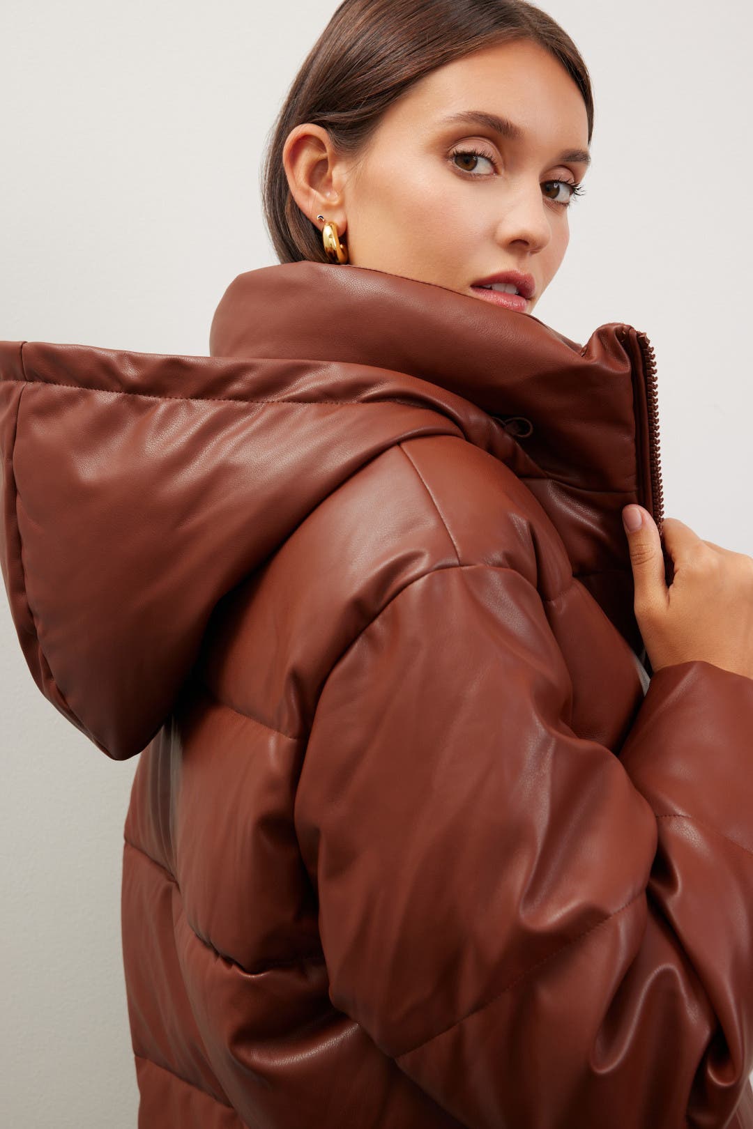 OOF Faux Leather Puffer Jacket Brown