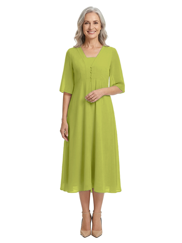 ChicSew V-Neck Chiffon Mother of The Bride Dress A-Line Tea-Length Gown Button Detail