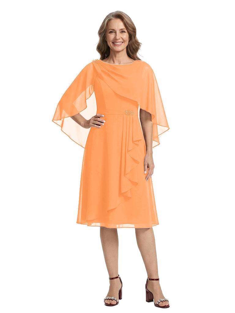 ChicSew Jewel Cape Sleeve Ruffle Knee-Length Chiffon Mom Of The Groom Dresses