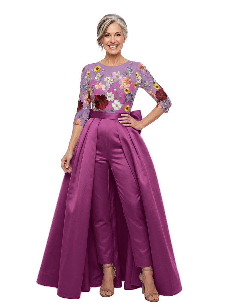 Chicsew Floral Embroidery Mesh Jumpsuit With Overskirt Mother of the Bride Pant Suit Formal Evening Wear