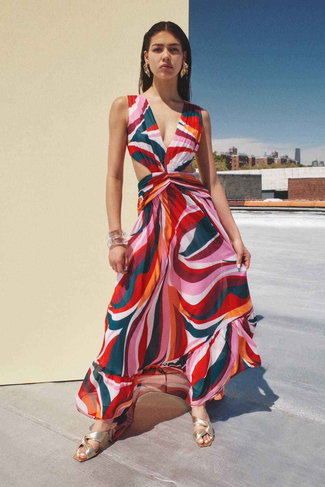 PatBO Delos Plunge Maxi Dress Multicolored-pink-print