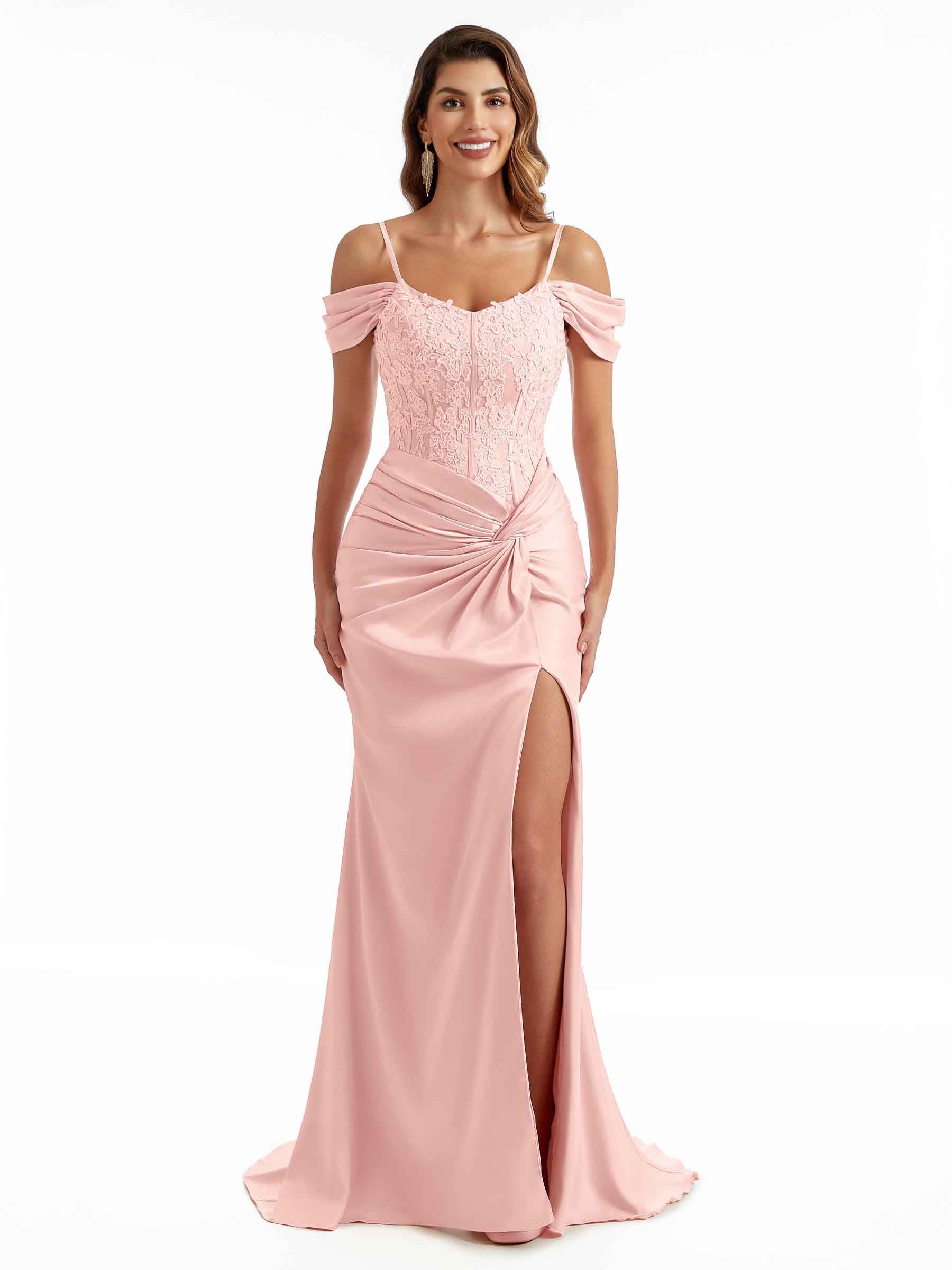 Sexy Side Split Cold Shoulder Lace Top Maxi Satin Modern Formal Wedding Guest Dresses