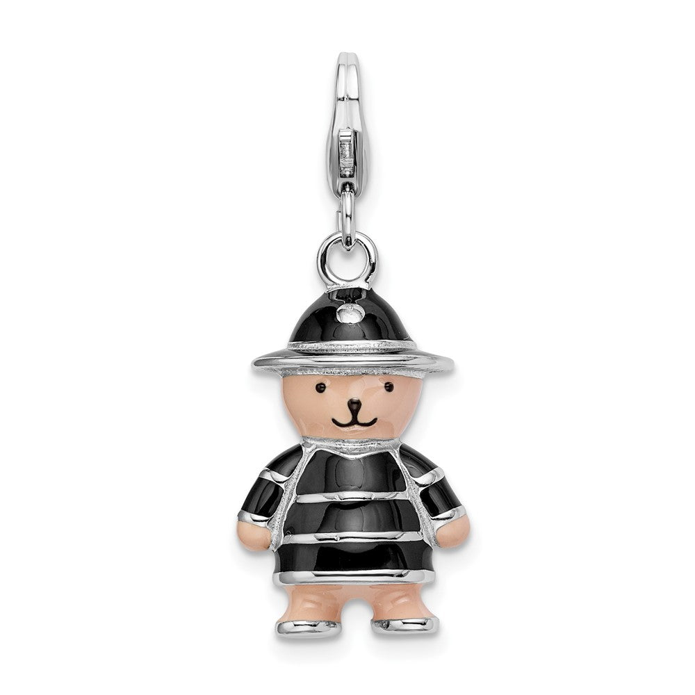 Sterling Silver Amore La Vita Rhodium-Plated Polished -D Enameled Teddy Bear In Black Hat And Coat Charm With Fancy Lobster Clasp