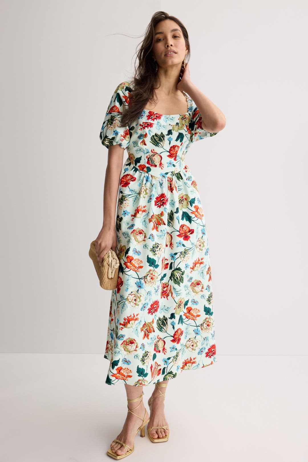 Rosetta Getty x RTR Square Neck Puff Sleeve Midi Dress Blue-multicolored-print