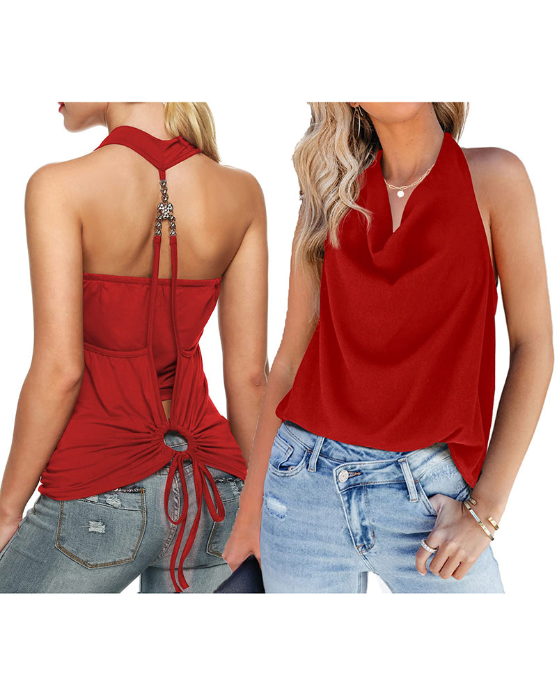 Zeagoo Cowl Neck Halter Top Sleeveless Backless Shirt - Red M