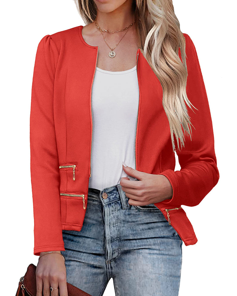 Zeagoo Womens Blazer Cropped Open Front Zipper Dress Jacket O Neck Casual Office Suit Jacket - Red