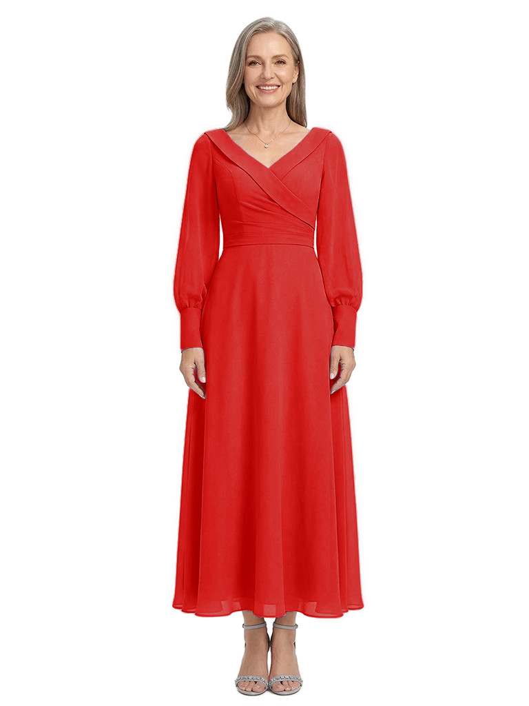 ChicSew Pretty Wrap V-Neck Mother Of The Bride Dress With Long Sleeves Chiffon Ankle-Length Gown