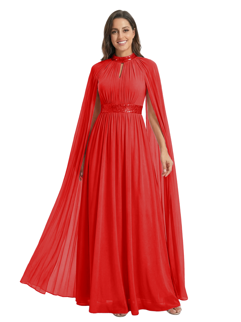 Chicsew Stunning Keyhole Cape Sleeve Sequin Mother of The Bride Dress Long Chiffon Elegant Formal Gown