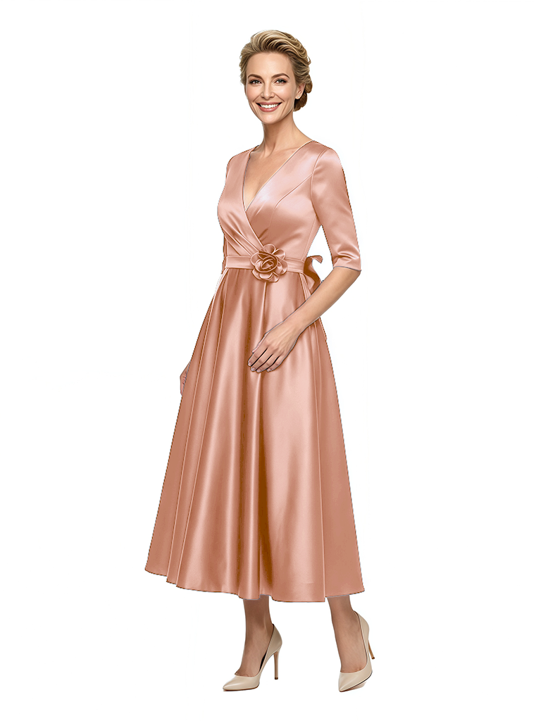 Classy Mother of The Bride Dress Fancy Satin Long Sleeve Fit-and-Flare Tea-Length Wrap Formal Dress