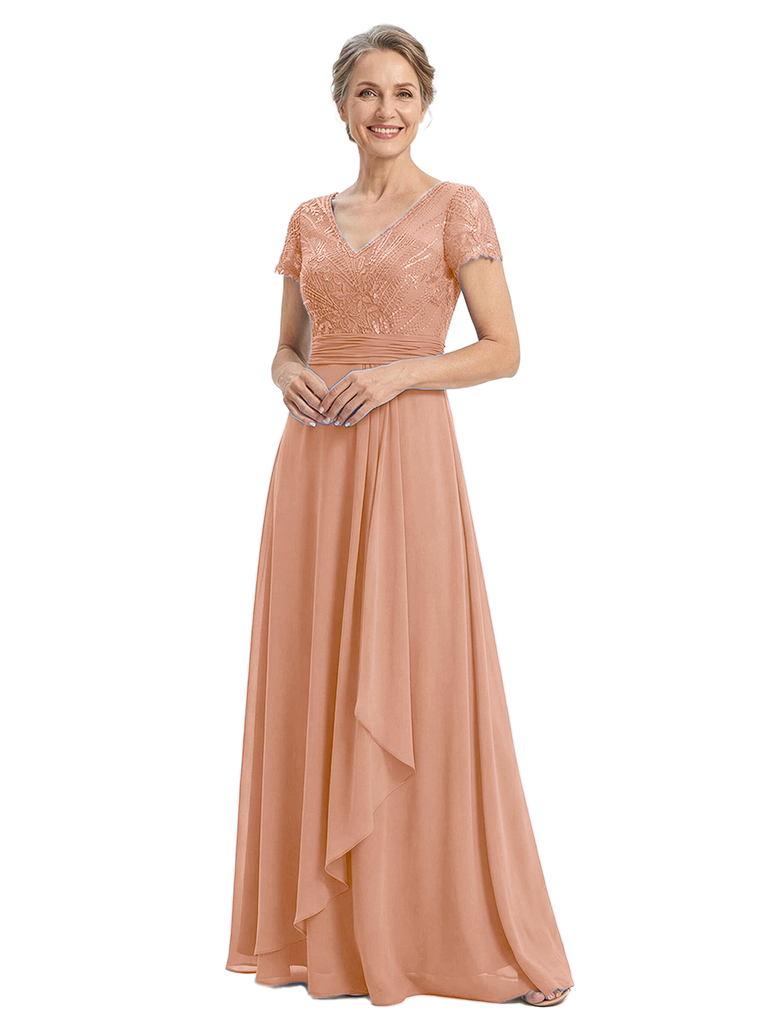 ChicSew Short Sleeves Lace Beaded Ruffle Chiffon A-Line Mother Of The Bride Dress