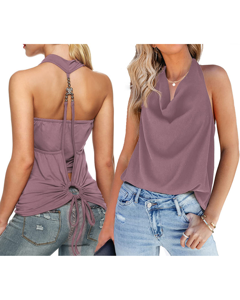 Zeagoo Cowl Neck Halter Top Sleeveless Backless Shirt - Rose Grey L-