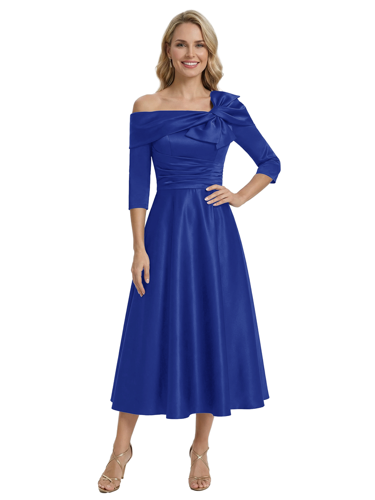 Mother of The Groom Gown Off Shoulder Long Sleeve Bow Satin Tea-Length A-Line Dress Trendy Wedding Guest Attire