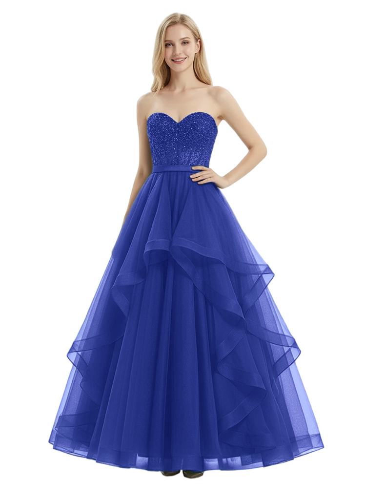 Stunning Sweetheart Ball Gown Prom Dress Beaded Bodice Tiered Tulle Formal Evening Gown - royal-blue