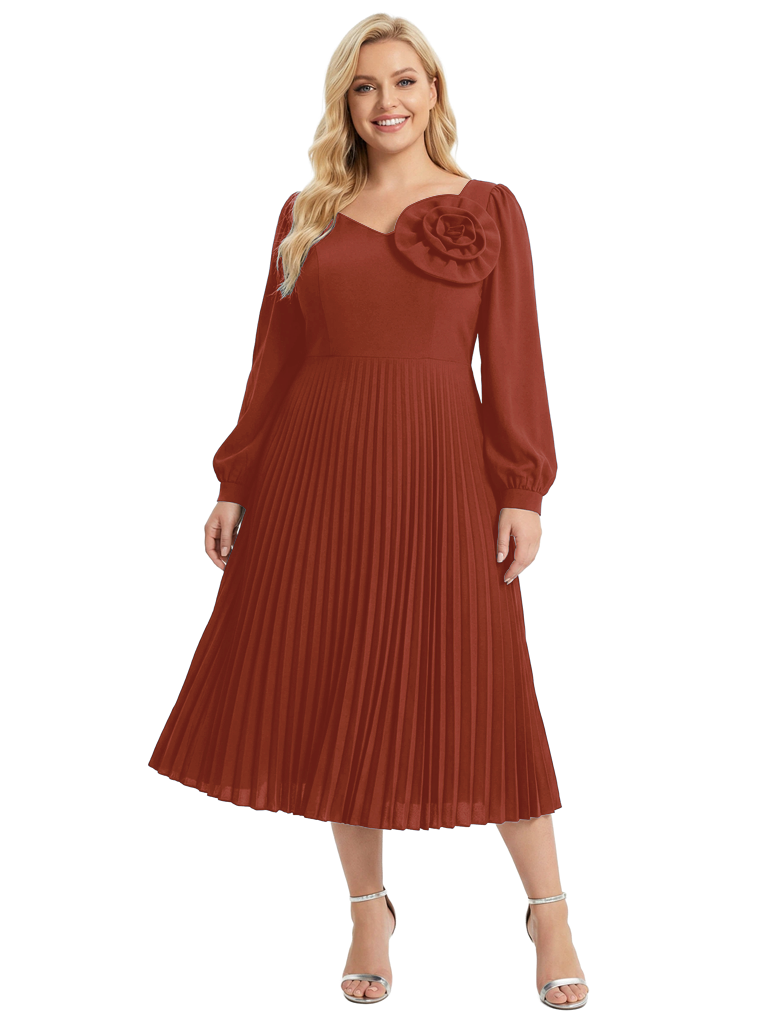 Chicsew Mother of The Bride Dress Beautiful V-Neck Long Sleeve Chiffon Pleated Midi Gown Flower Accent