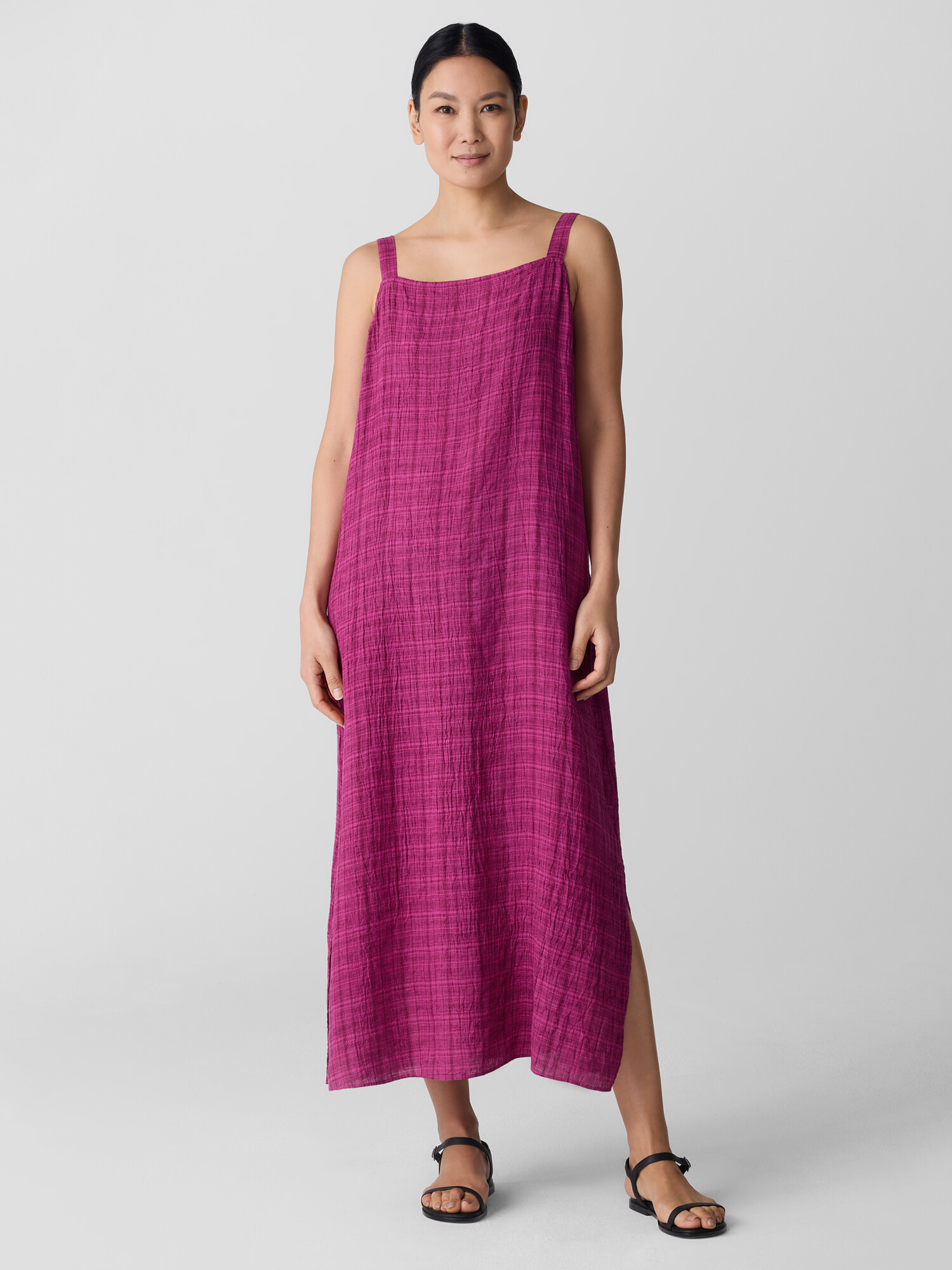 Puckered Organic Linen Plaid Square Neck Dress