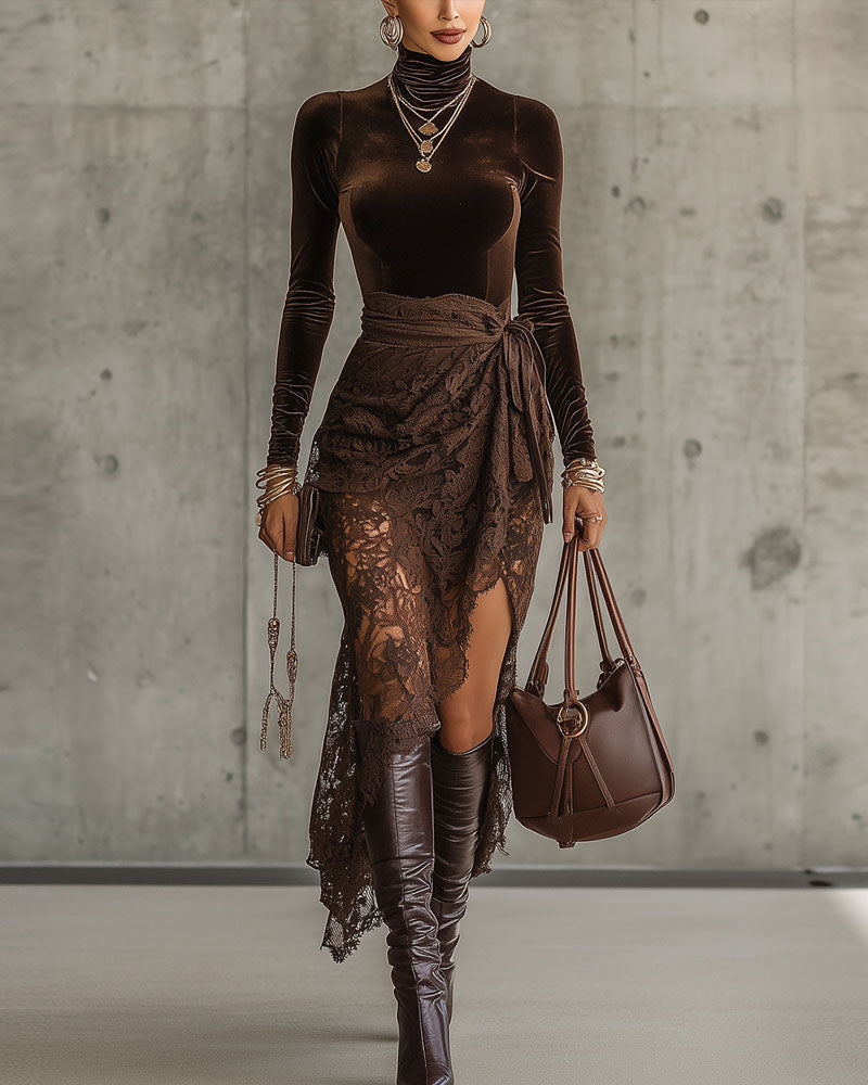 Elegant Velvet Turtleneck Top and Lace Wrap Skirt