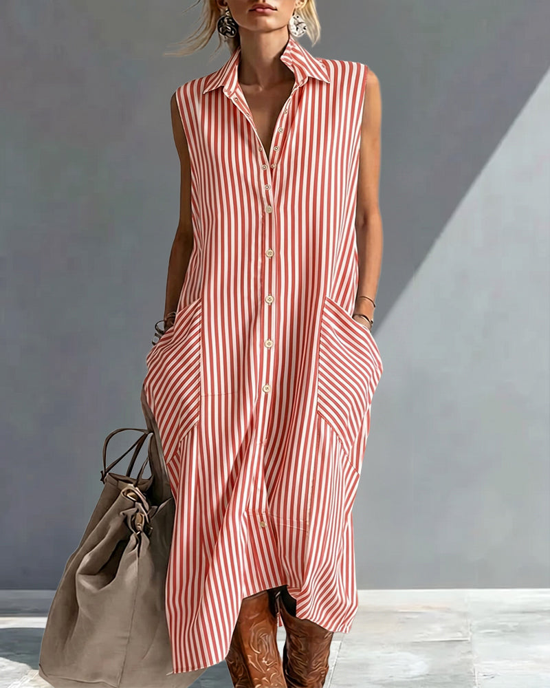 Casual Loose Fit Striped Sleeveless Shirt Dress