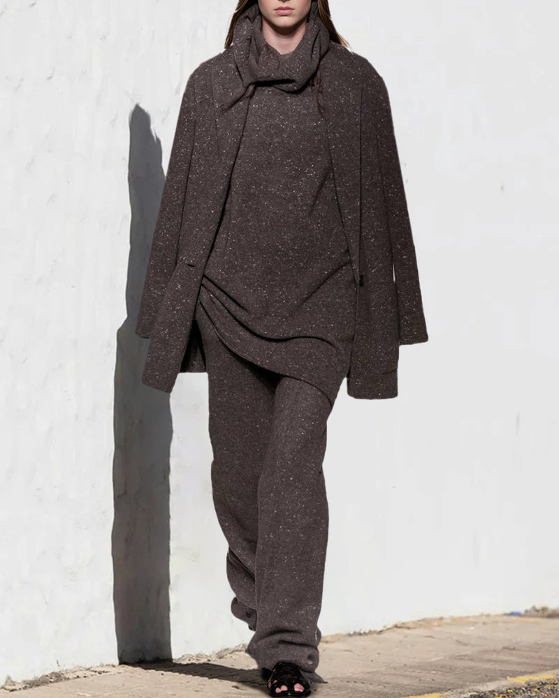 Solid Color Casual Cardigan Turtleneck Sweater Three-piece Sets - Khaki