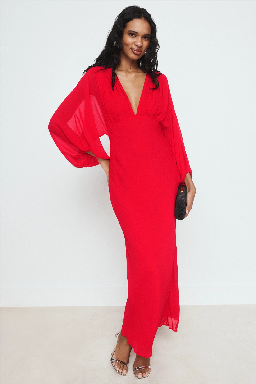 Shona Joy Amina Plunge Balloon Sleeve Maxi Dress Red