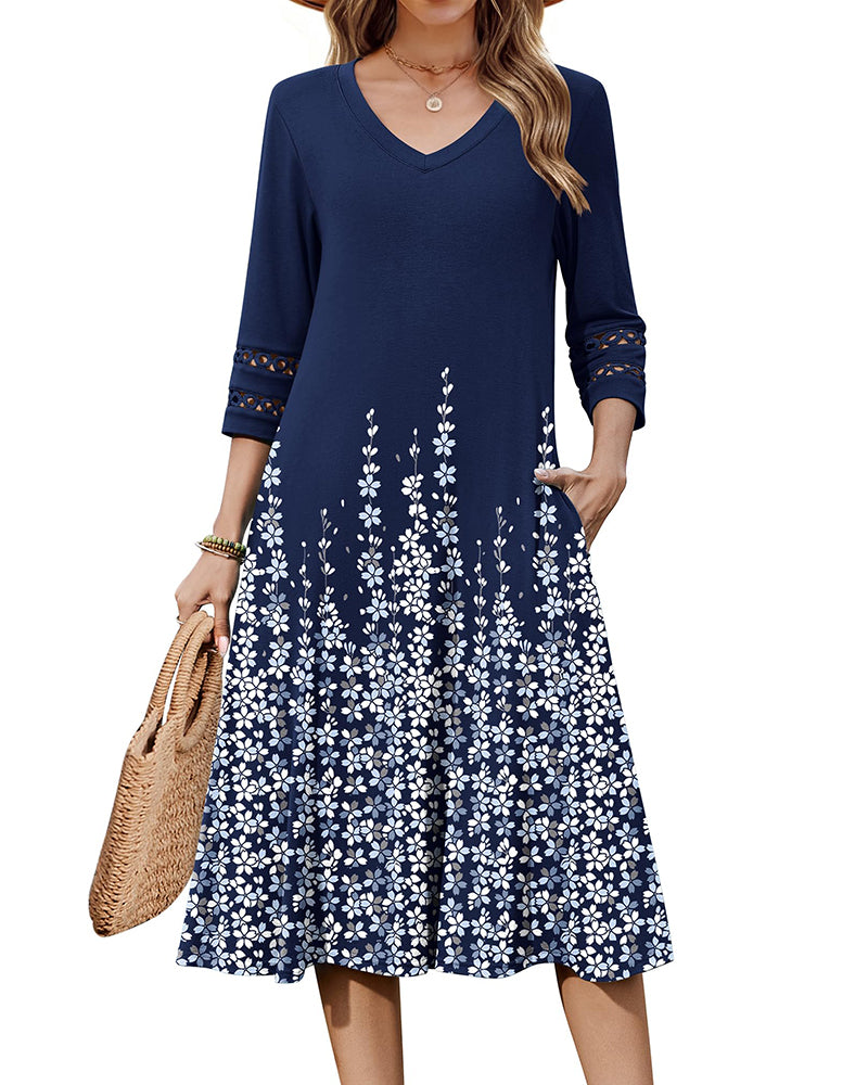 Casual V-Neck A Line Flowy Eyelet Midi Dress