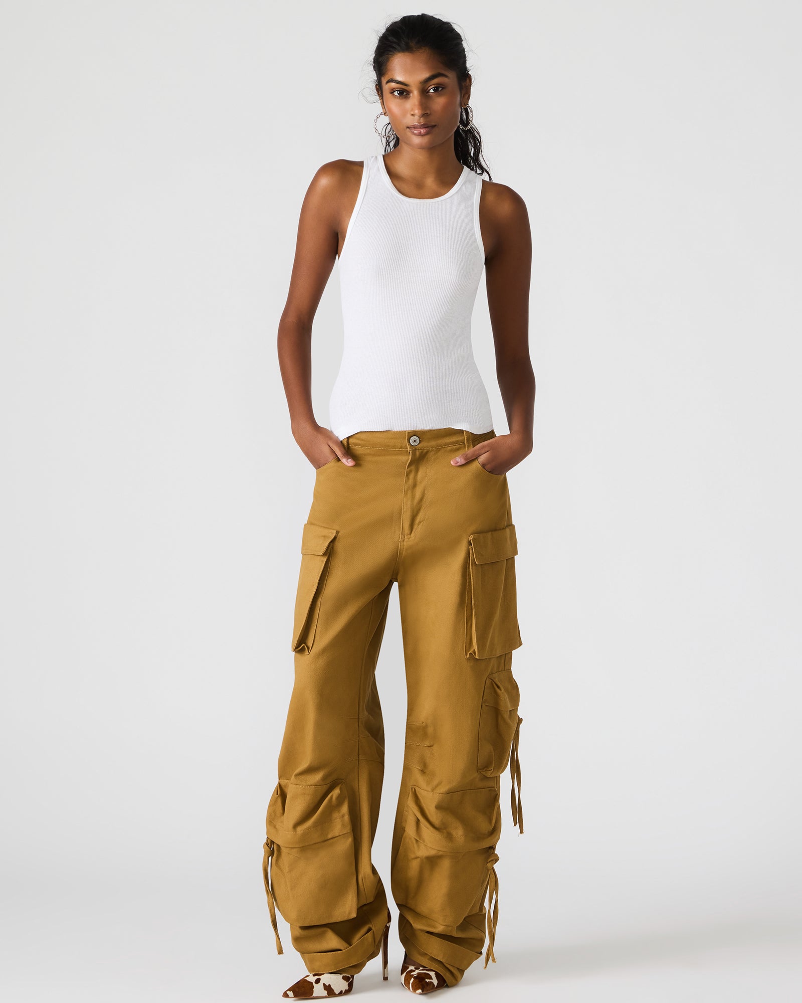 Steve Madden Women's Duo Pant Wide Leg Bottoms - Khaki Fabric - Size Small - CottonFaux Leather