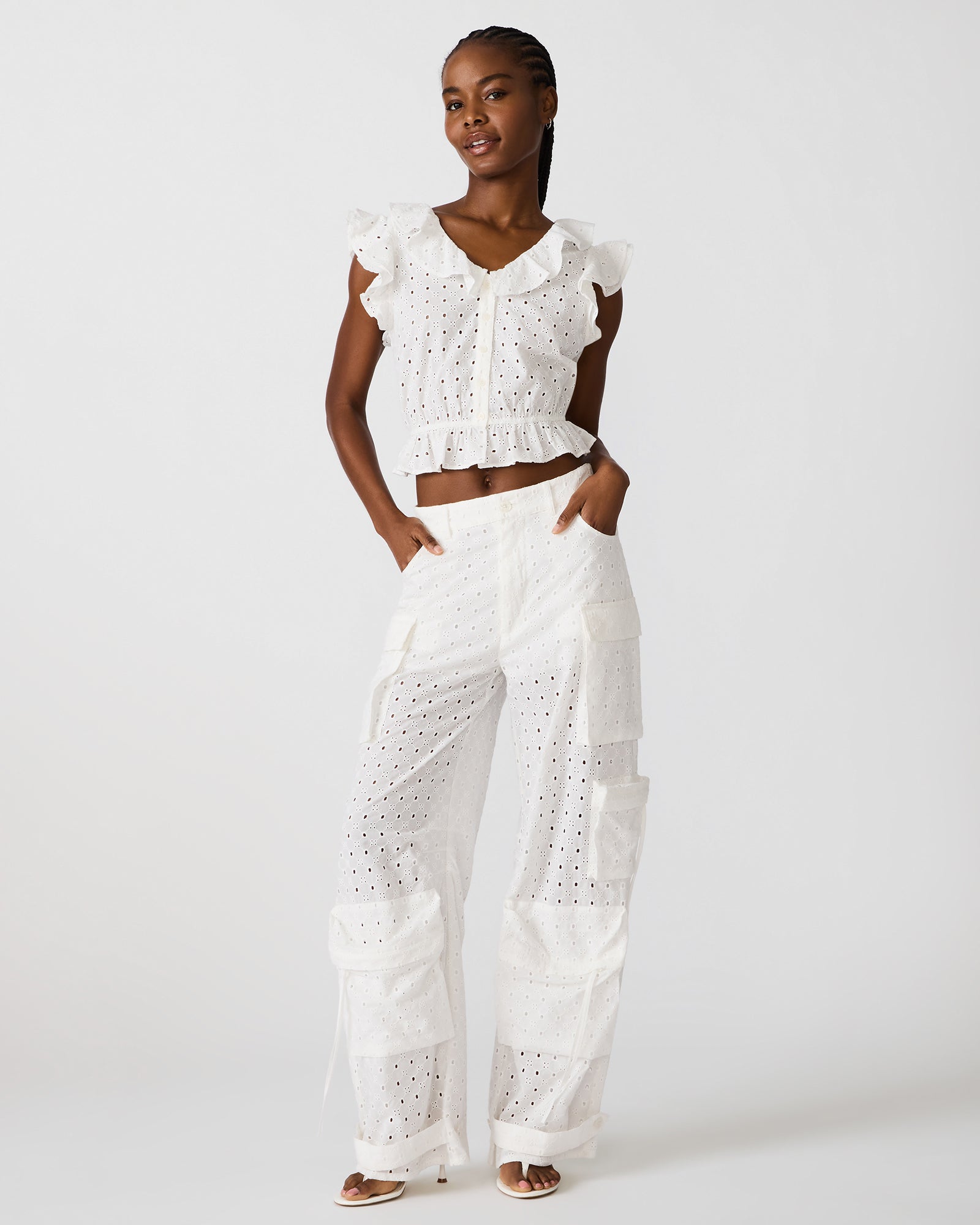 Steve Madden Women's Duo Pant Eyelet Wide Leg Bottoms - White - Size - CottonFaux Leather