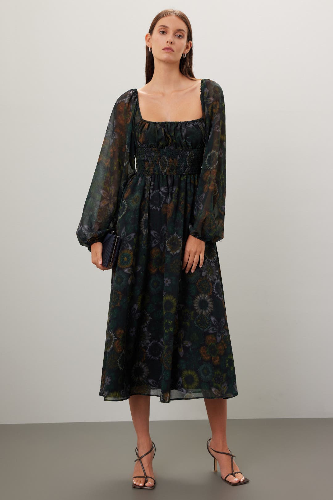 Slate & Willow Square Neck Printed Midi Dress Green-multicolored-print