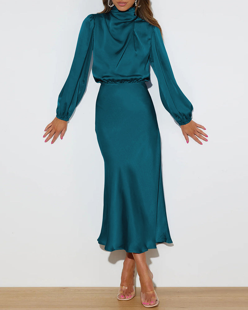 Satin Long-Sleeved Loose Fit Dress Elegant Evening Party Dresses - Blue M