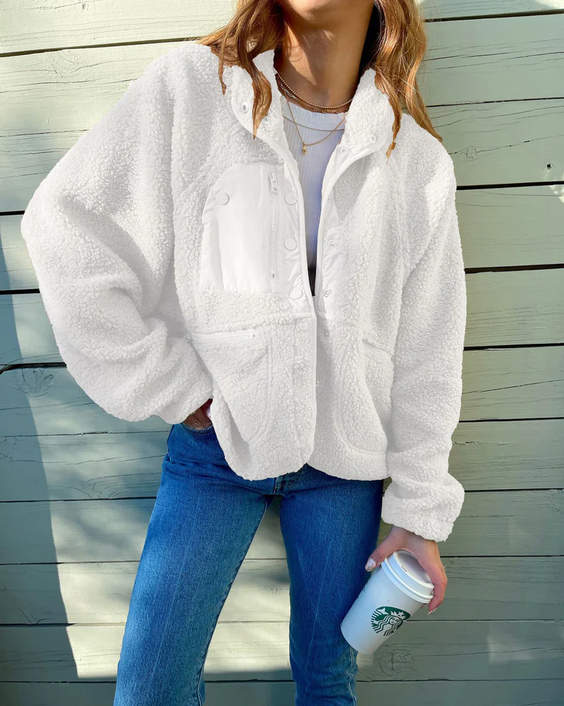 Zipper Button Fleece Sherpa Jacket Bear Teddy Coat - White S