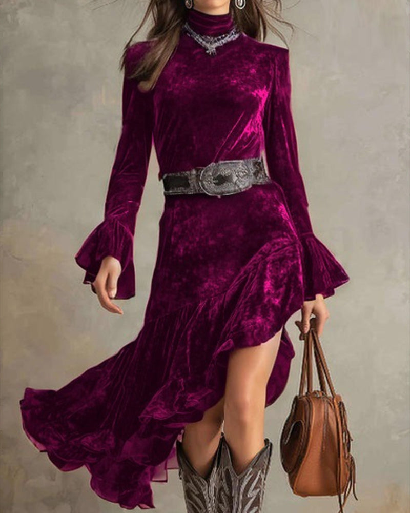 Retro Western Irregular Ruffle Hem Velvet Dress