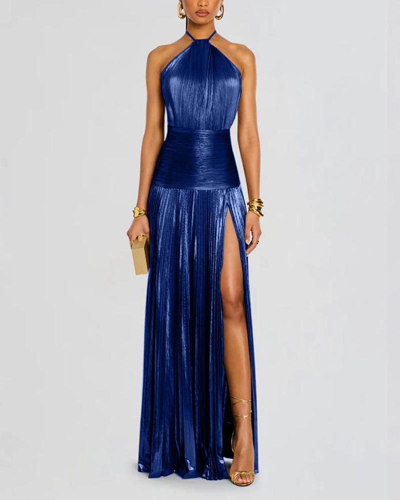 Glossy Sleeveless Evening Gown Maxi Halter Dress