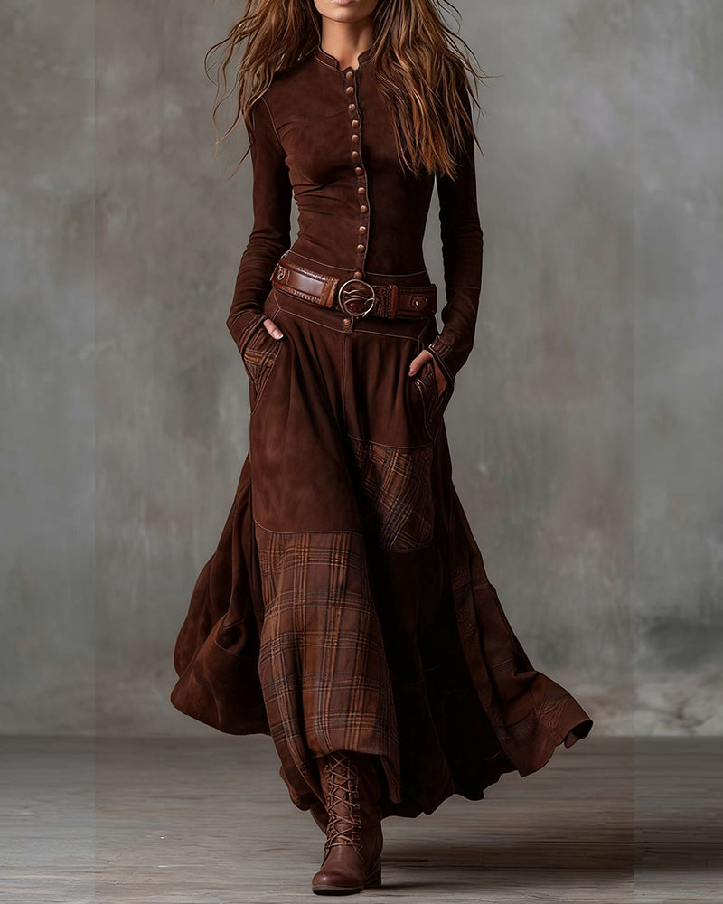 Vintage Plaid Patchwork Suede Maxi Dress