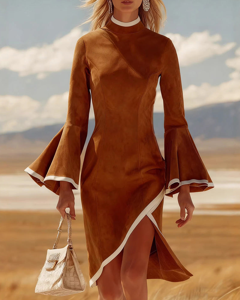 Elegant Suede Flared Sleeves Midi Dress
