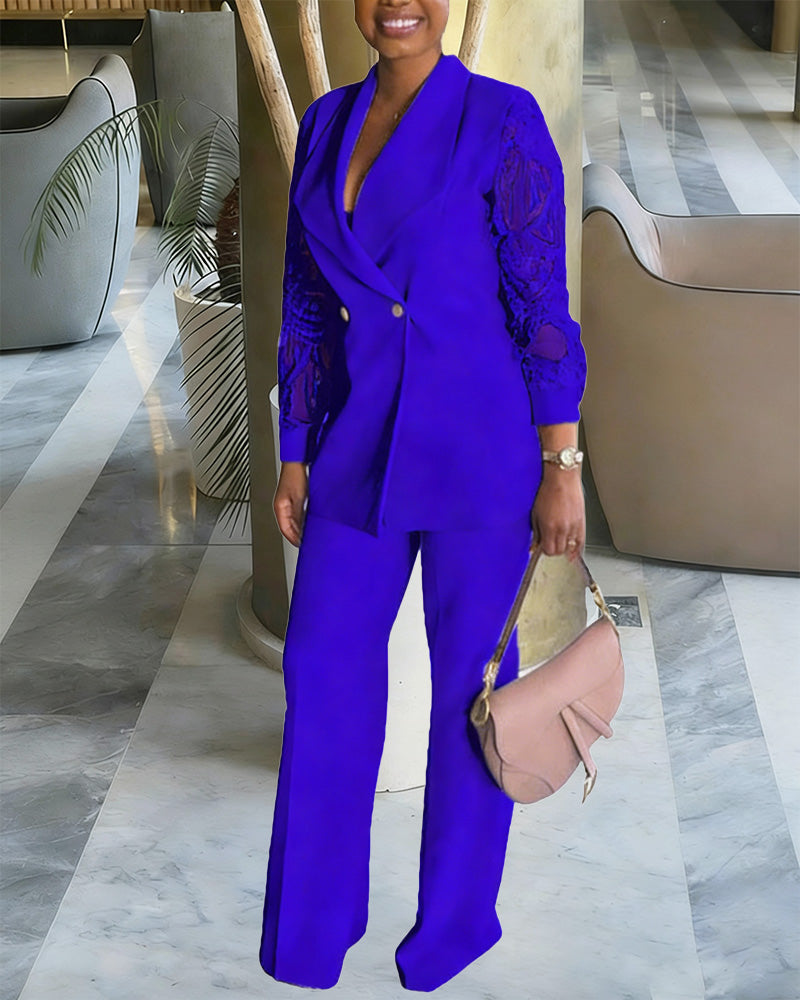 Zeagoo Business Casual Lace Sleeves Blazer and Pants Set