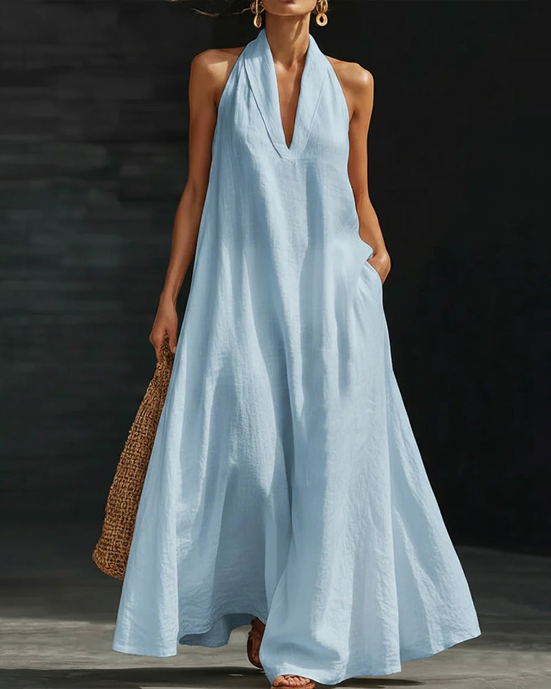 Summer Casual Halterneck Maxi Dress with Pockets