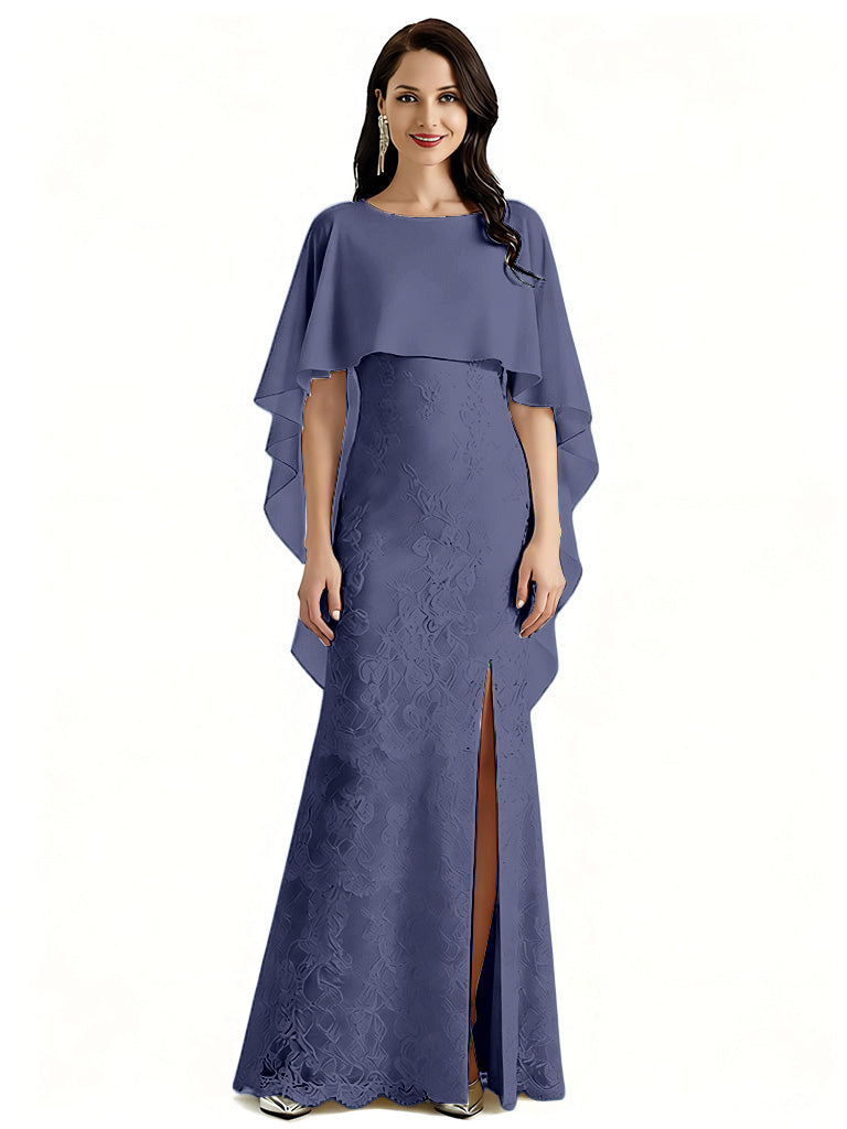 Elegant Cape Neckline Chiffon Lace Mermaid Long Mother of The Bride Dresses