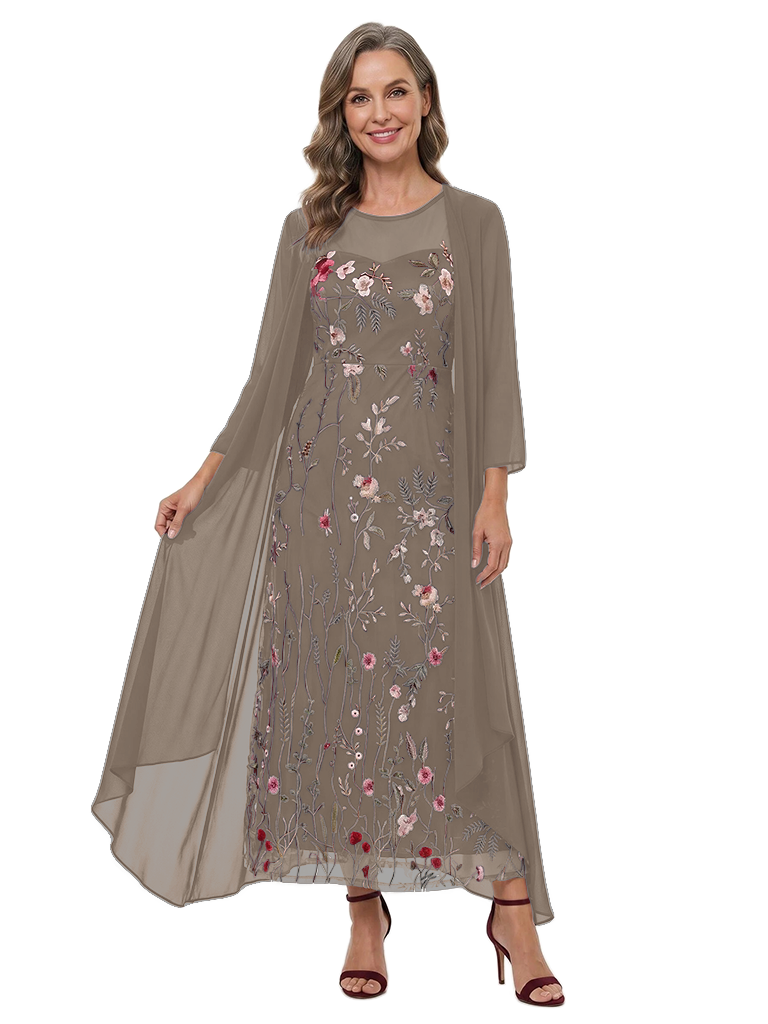 ChicSew Embroidered Floral Mother Of The Bride Dress With Chiffon Jacket Ankle-Length A-Line