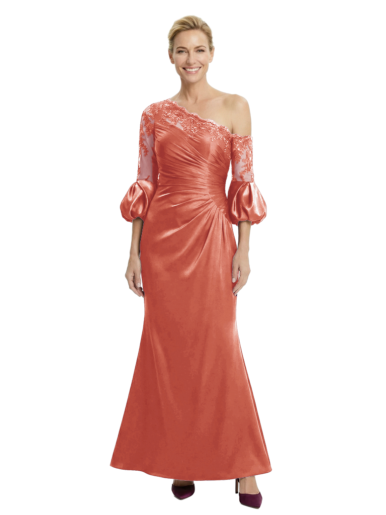 Chicsew Pretty One Shoulder Lace Puff Sleeve Satin Mother of The Bride Dress Long Mermaid Gown