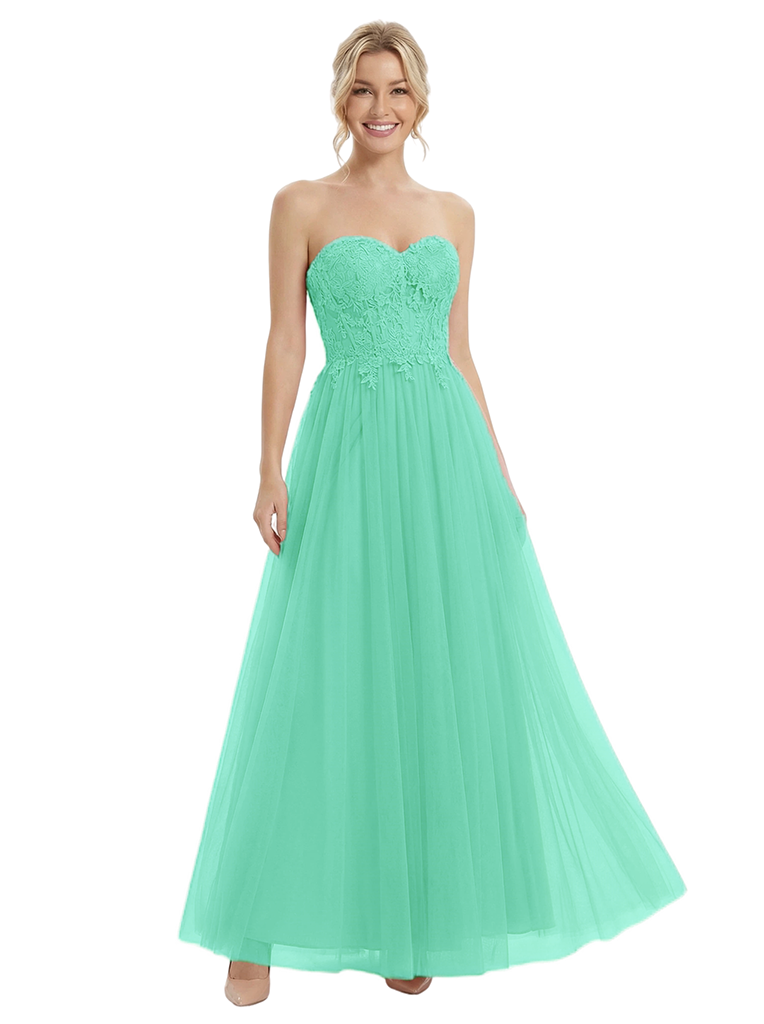 ChicSew Elegant Strapless Sweetheart Prom Dress Lace Applique Tulle A-Line Silhouette Floor Length Formal Evening Gown