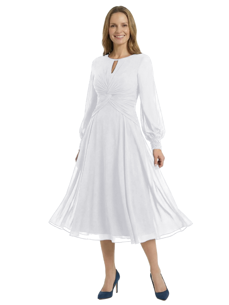 Mother of The Groom Dress Keyhole Neck Long Sleeve Chiffon Tea-Length A-Line Gown