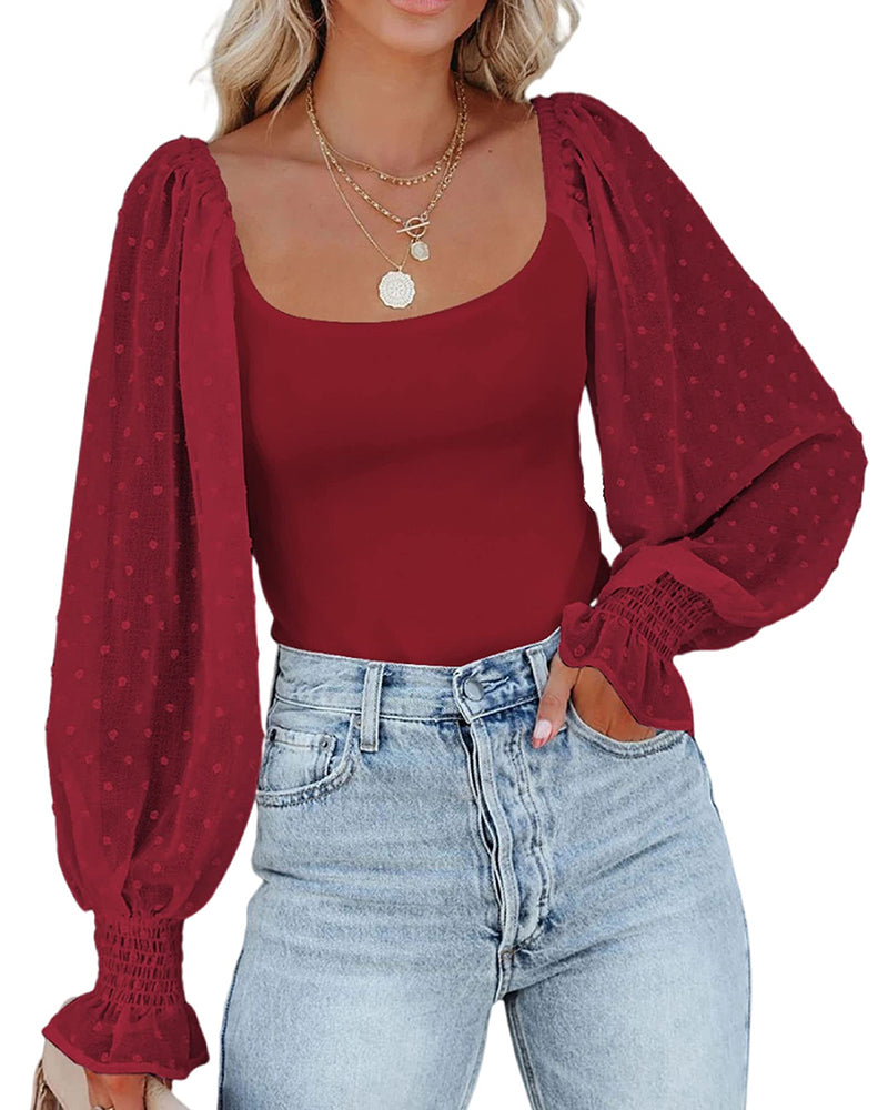 Puff Long Sleeve Bodysuit Leotard Sheer Top - Zeagoo- Wine Red
