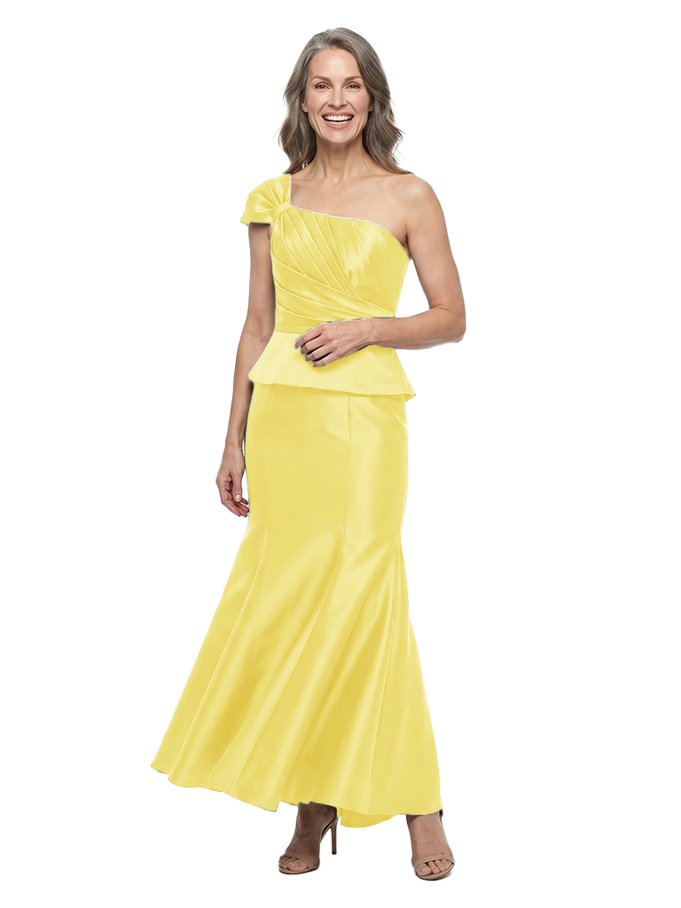 ChicSew One Shoulder Bow Detail Satin Peplum Mermaid Ankle Length Formal Mother of the Bride Dress