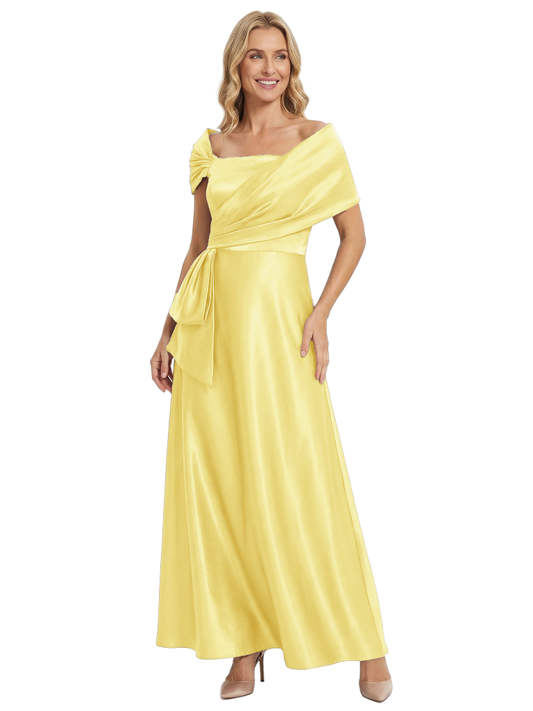 Chicsew Mother of The Bride Dresses Cape Sleeve Satin Maxi Gown Classy Bow Detailed Formal Wedding Event Dress