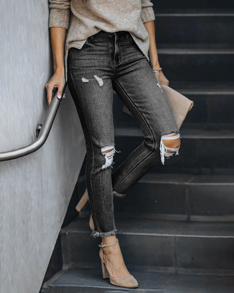 Ripped Stretch Skinny Jeans Mid Waist Distressed Denim Pants - Dark Grey L-
